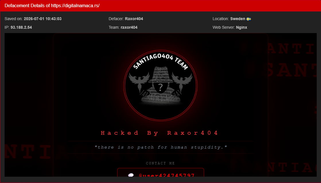 Raxor404 targets the website of Digitalna Maca (DM)