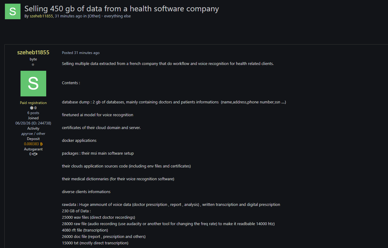 Alleged sale of data from an unidentified healthcare software company in France