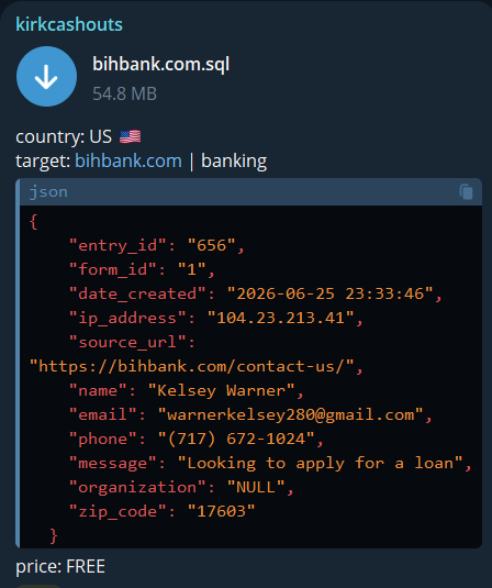 Alleged data breach of Bird-in-Hand Bank