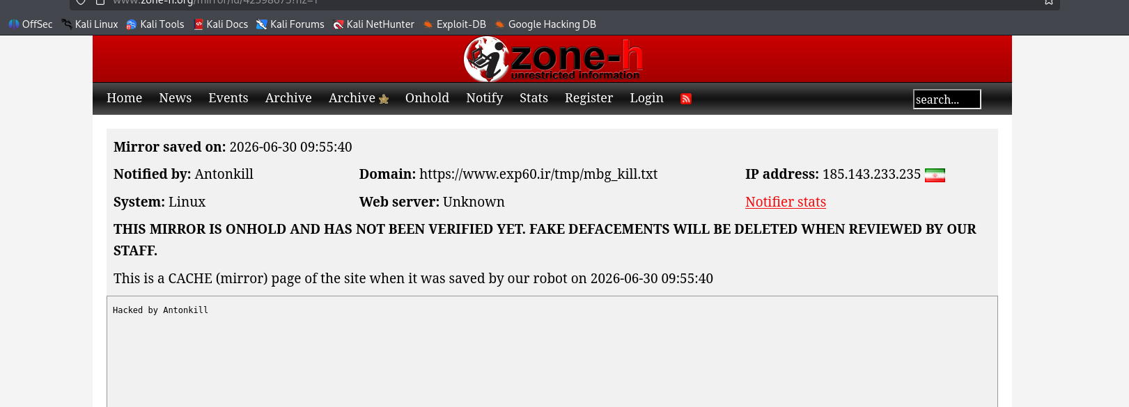 Antonkill targets the website of exp60