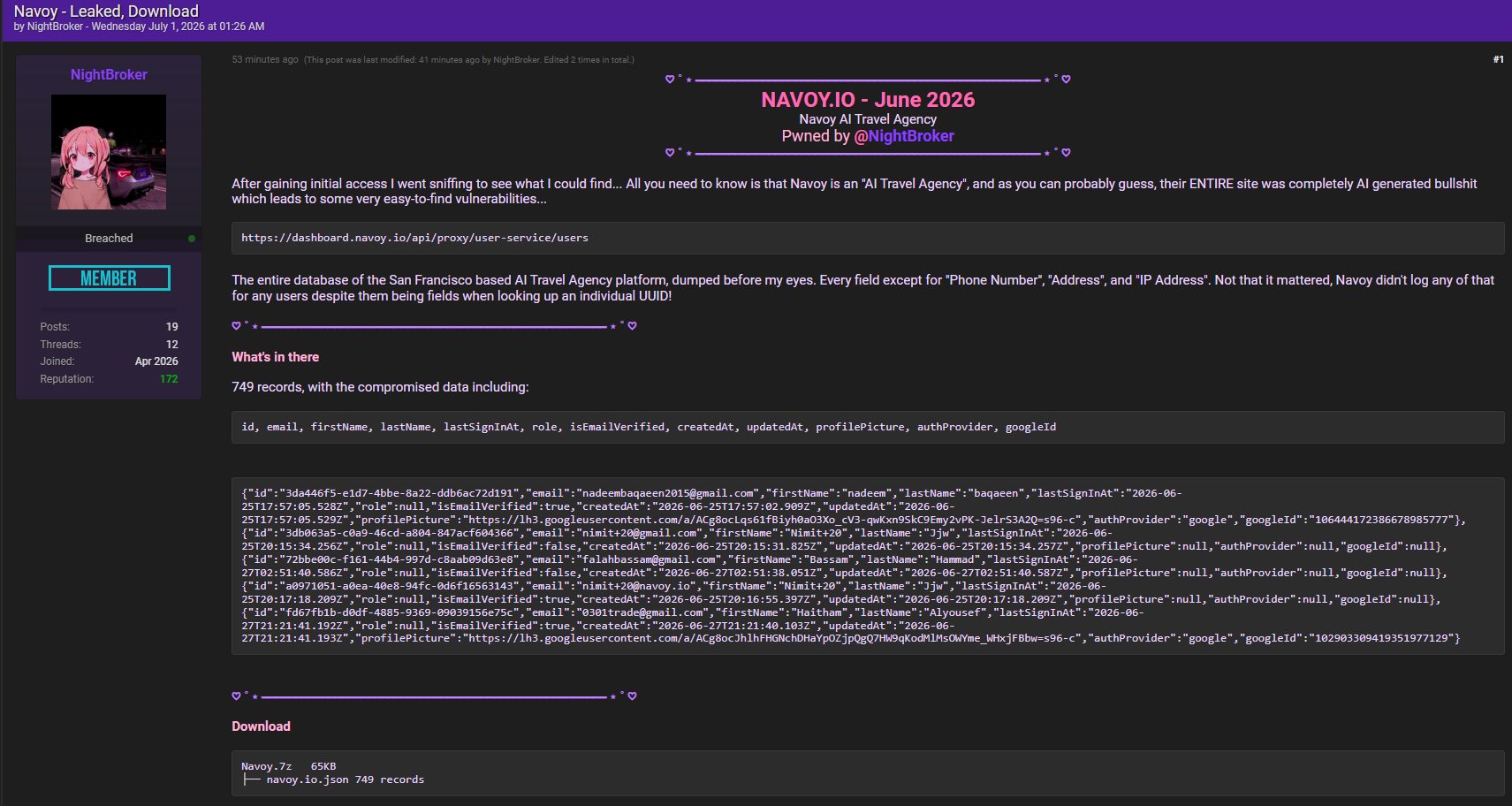 Alleged data breach of Navoy