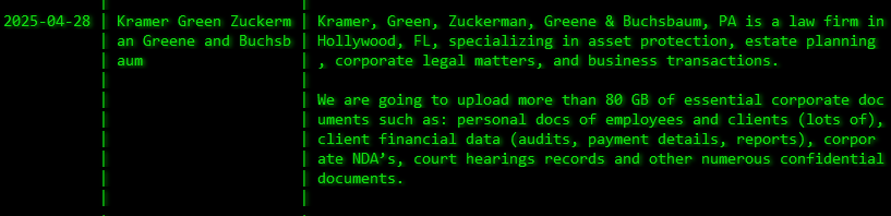 Kramer，Green，Zuckerman，Greene&Buchsbaum，P.A成为Akira勒索软件的受害者