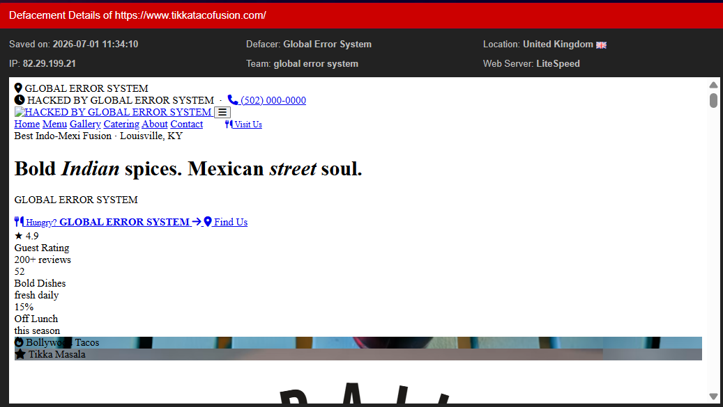Global error system targets the website of Tikka Taco Fusion