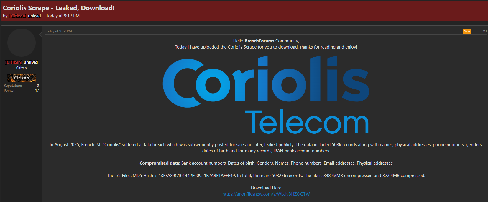 Alleged data breach of Coriolis
