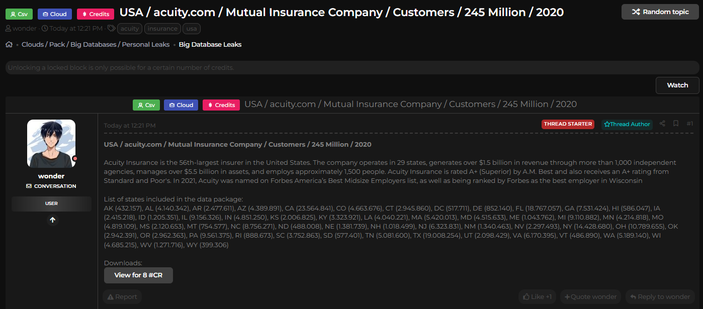 Acuity Insurance涉嫌数据库泄露