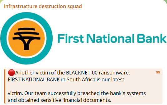 FIRST NATIONAL BANK falls victim to blacknet-00 Ransomware