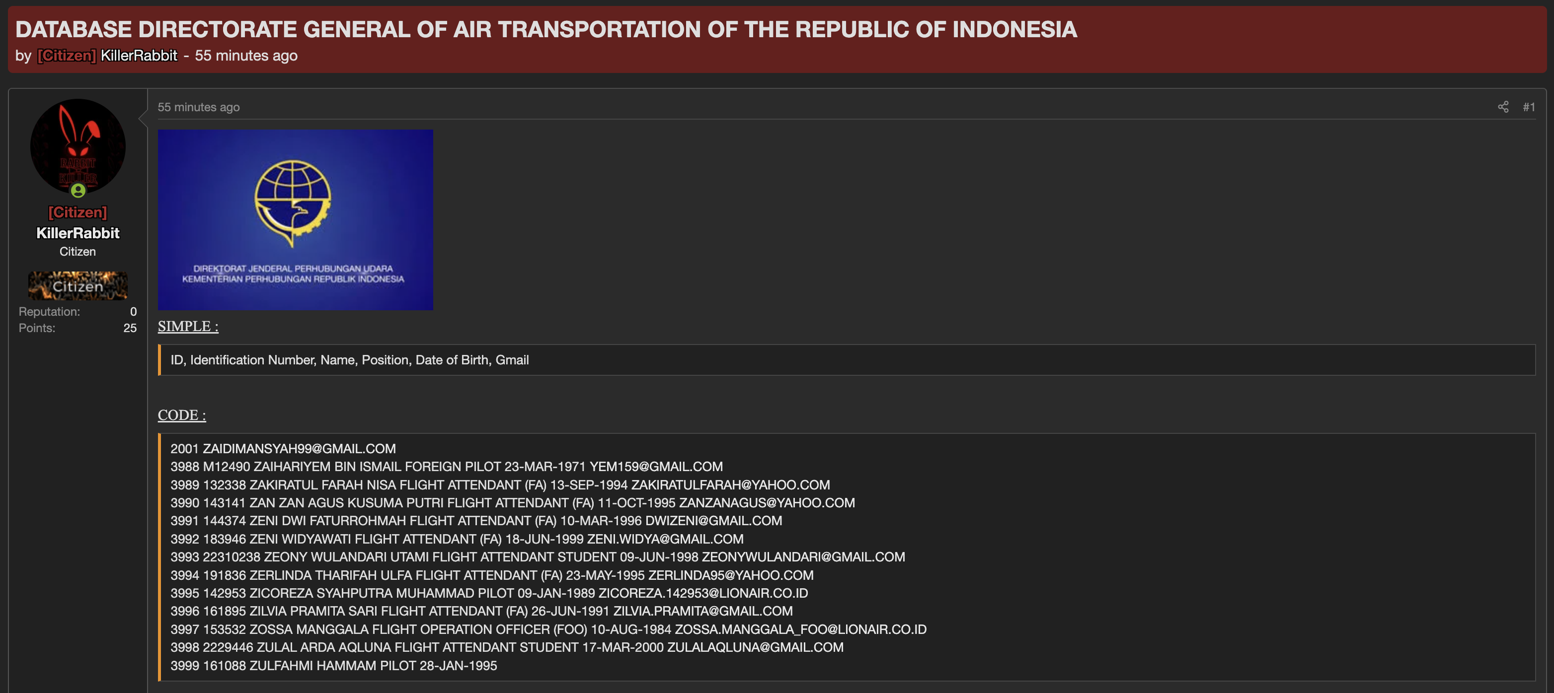Alleged data breach Indoneasian directorate general of civil aviation