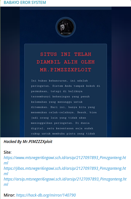 BABAYO EROR SYSTEM targets the website of MTsN 6 Ngawi