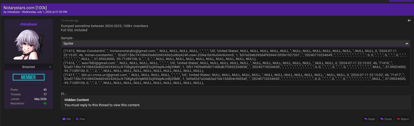 Alleged Sale of NotaryStars Database