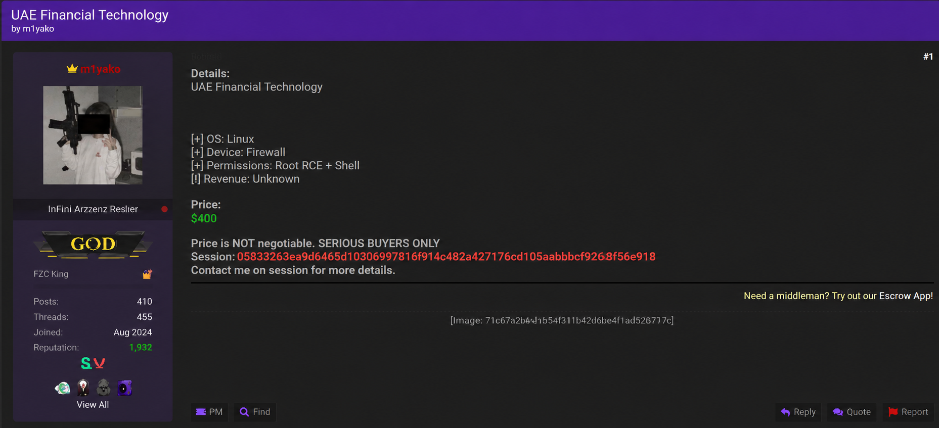 Alleged Sale of Unauthorized Access to an Unidentified UAE Financial Technology Organization