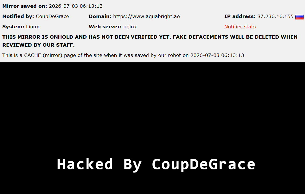 CoupDeGrace targets the website of AQUABRIGHT LLC