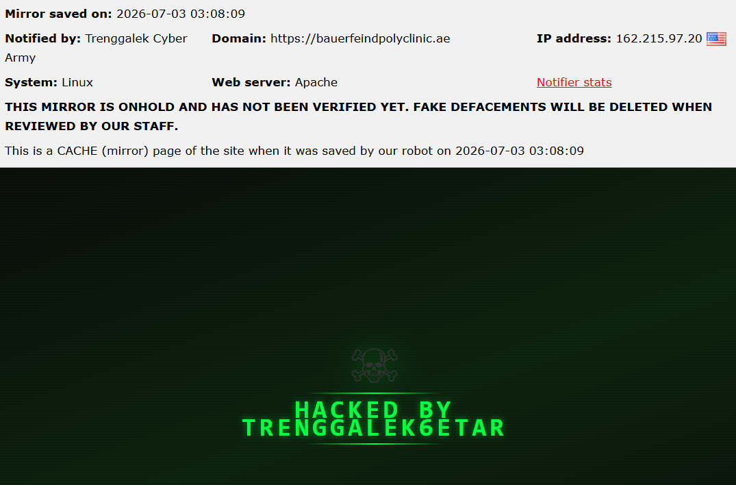 Trenggalek Cyber Army targets the website of Bauerfeind Polyclinic