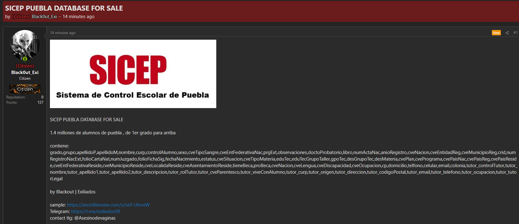 Alleged data leak of SICEP (Sistema de Control Escolar de Puebla)