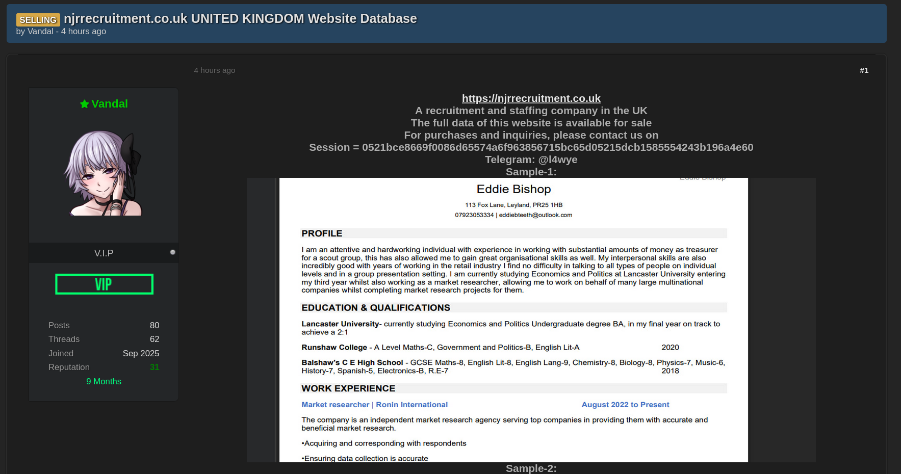 Alleged Data Breach of NJR Recruitment UK