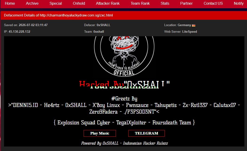 0xSHALL targets the website of charmanthoyaluckydraw.com.sg