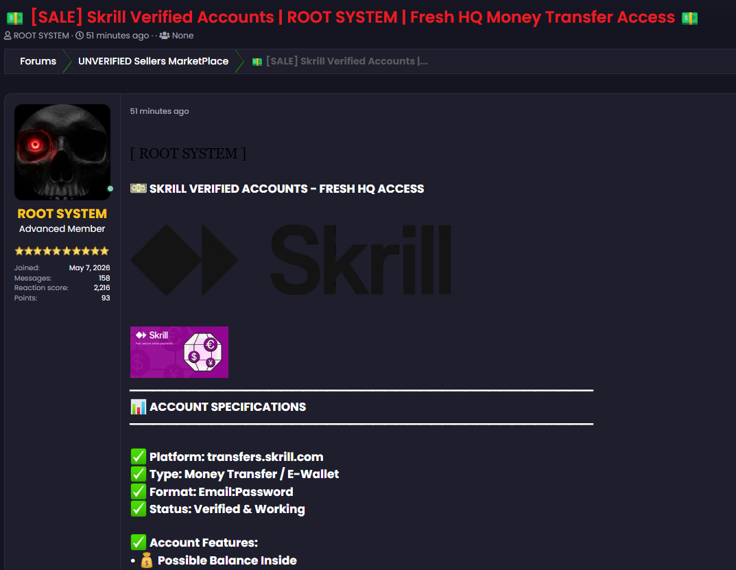 Alleged sale of unauthorized access to Skrill Accounts