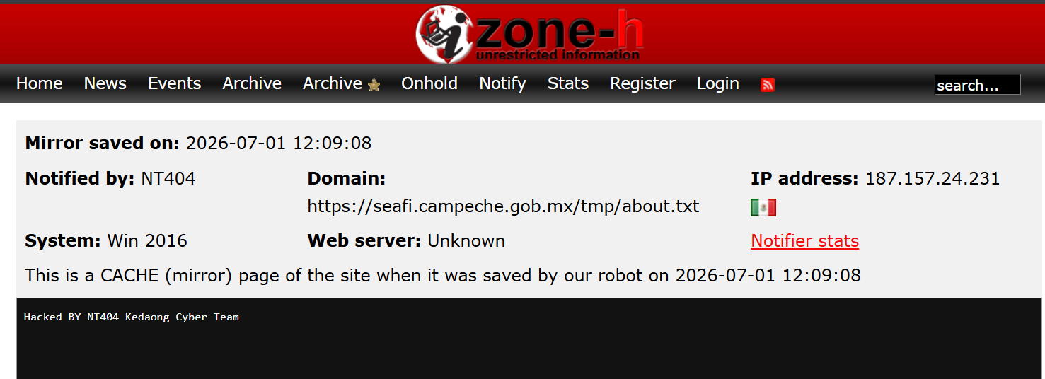NT404 targets the website of SAFIN Gobierno del Estado de Campeche