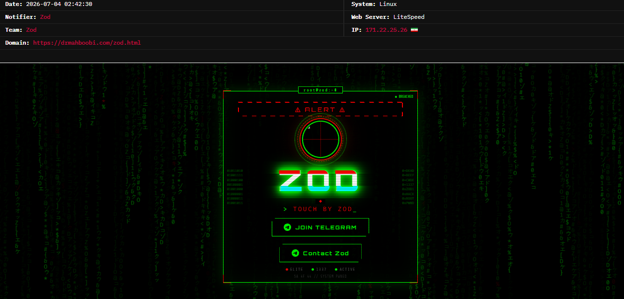 Zod targets the website of Dr. Hamid Reza Mahboobi
