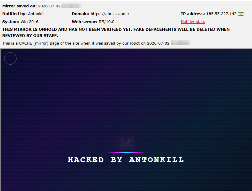 Antonkill targets the website of Abriz Sazan Industrial Group