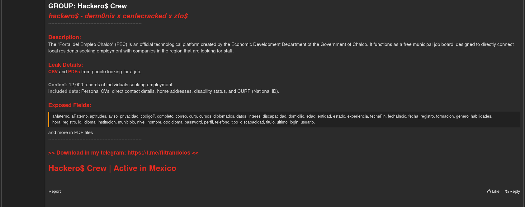 Alleged Data Breach of Portal del Empleo Chalco (PEC)