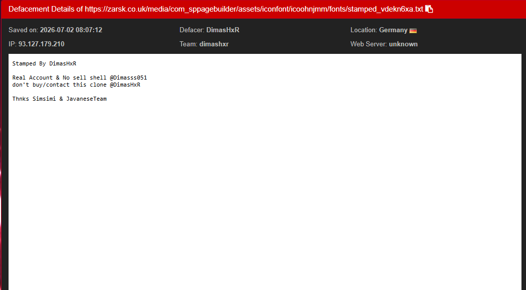 DimasHxR targets the website of ZARSK Ltd