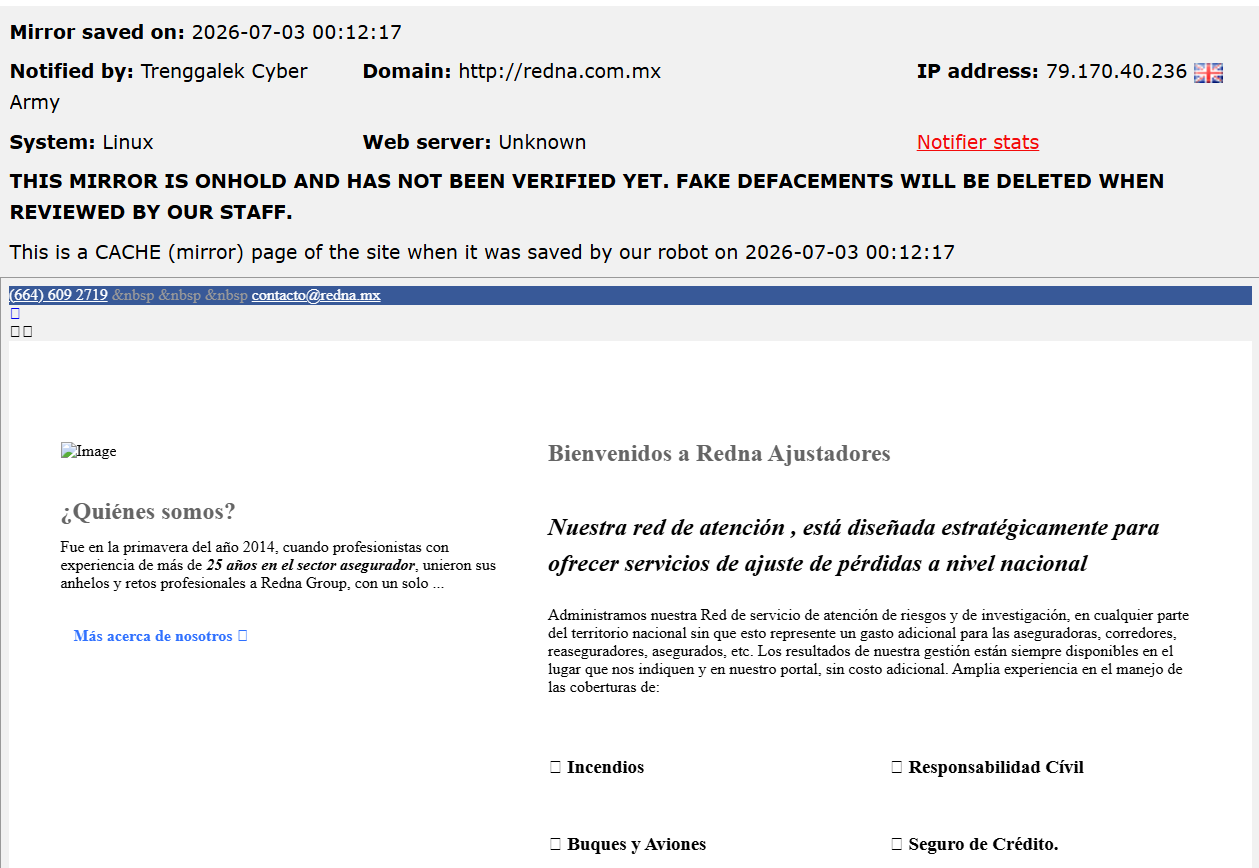 Trenggalek Cyber Army targets the website of Redna