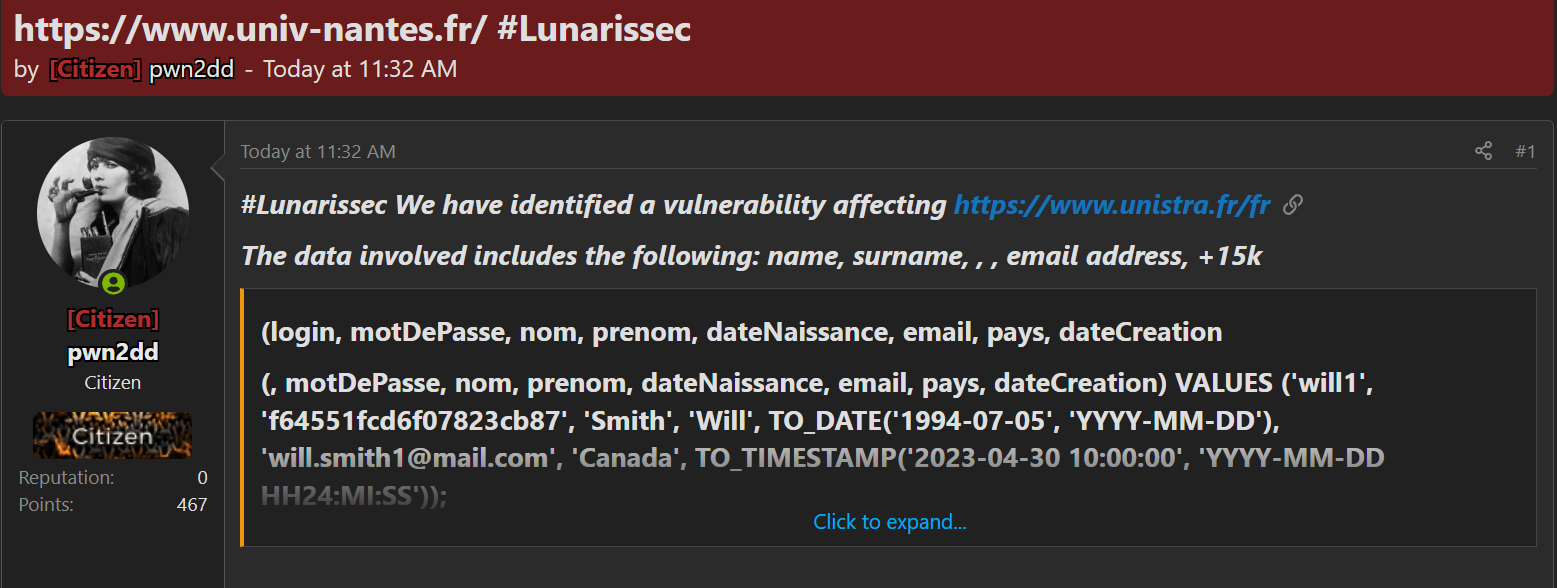 Alleged Data Breach of Nantes Université