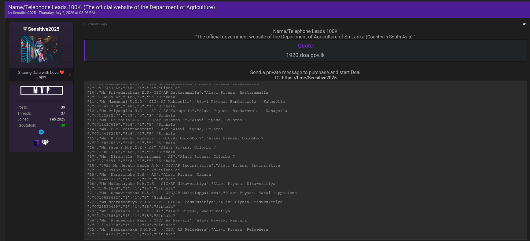 Alleged data sale of Department of Agriculture of Sri Lanka