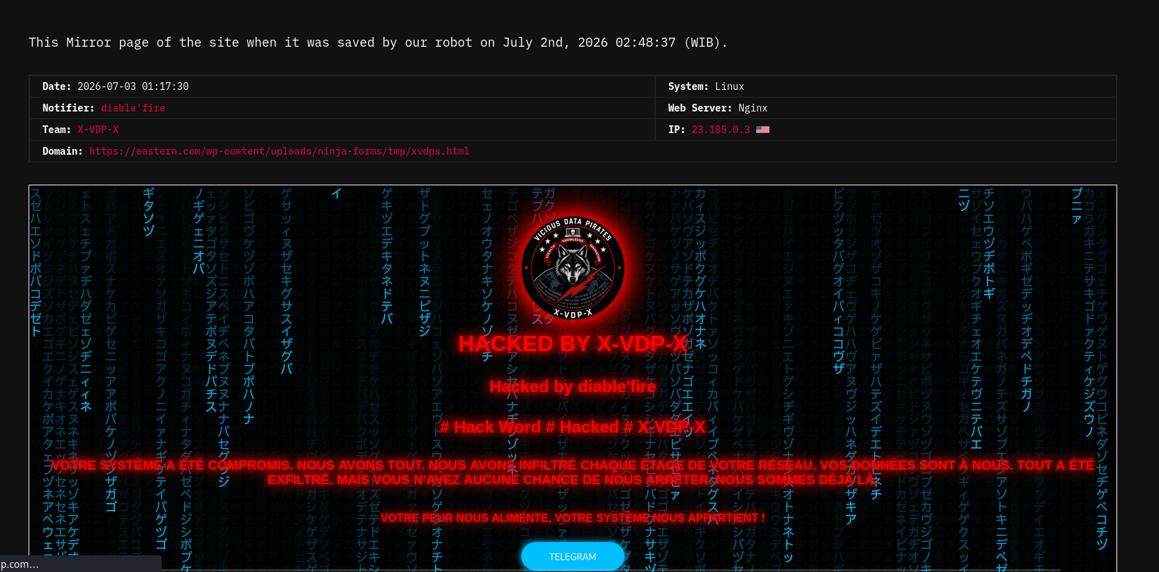 diable’fire targets the website of Eastern
