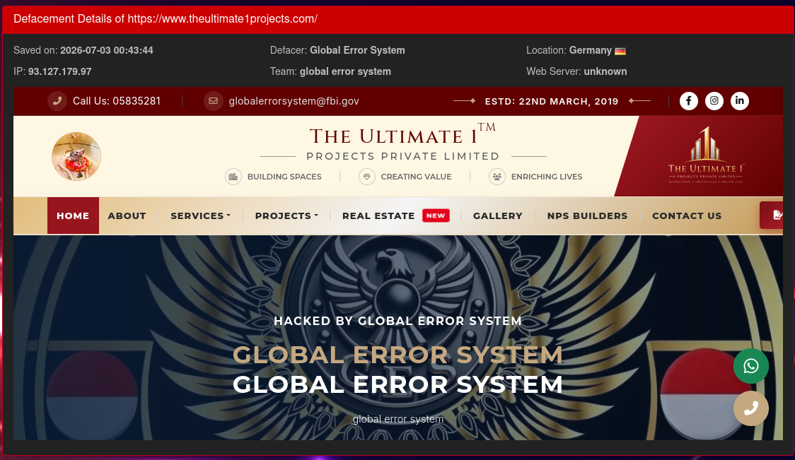 Global error system targets the website of The Ultimate 1 Projects Private Limited