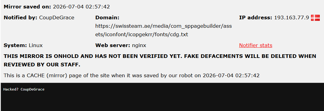 CoupDeGrace targets the website of Swissteam