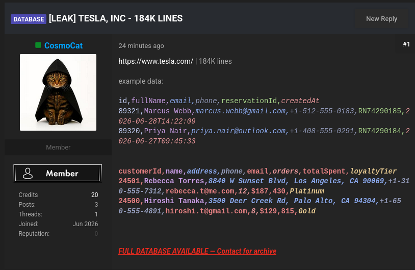 Alleged data breach of Tesla