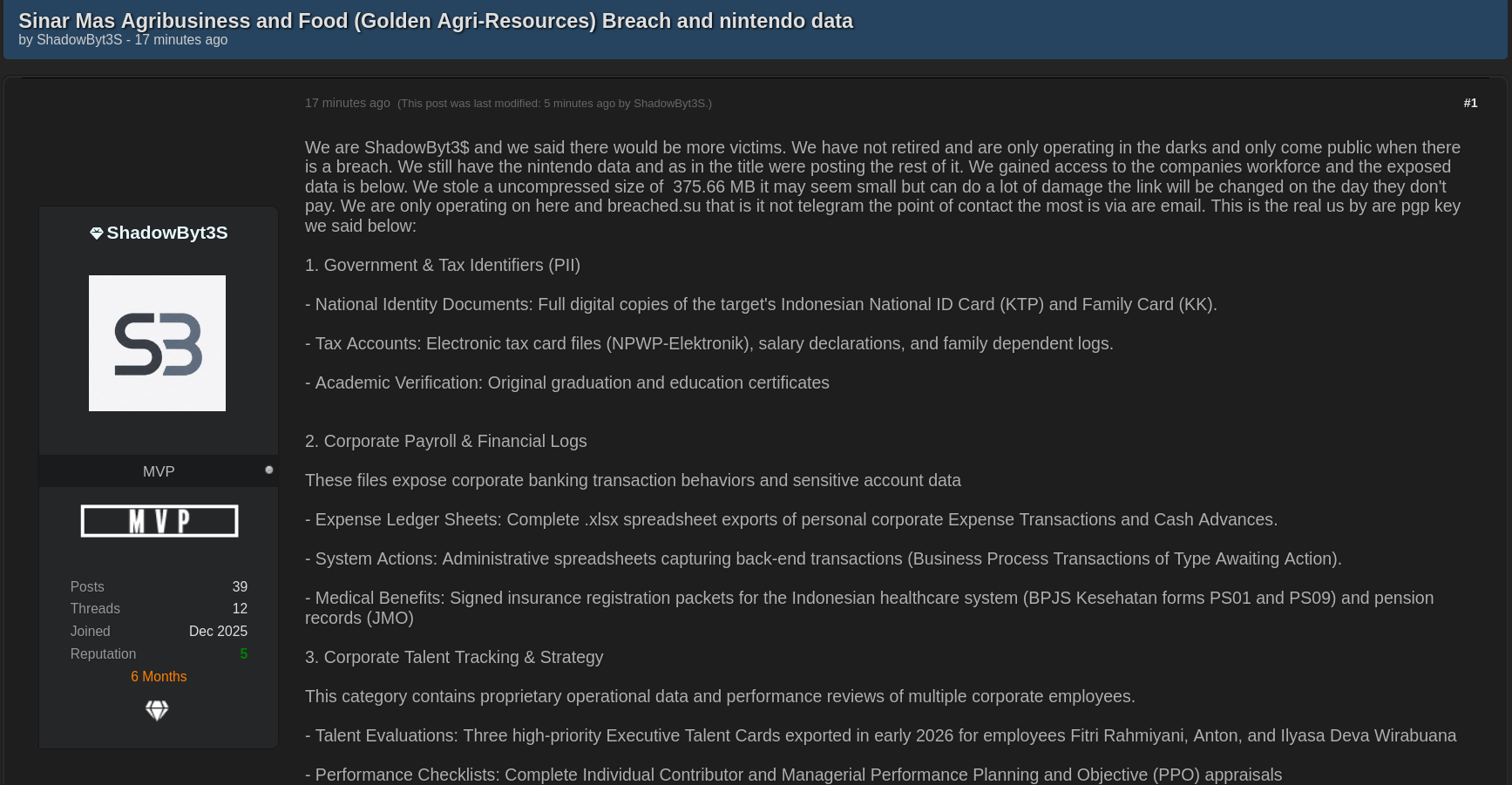 Alleged Data Breach of Sinar Mas Agribusiness