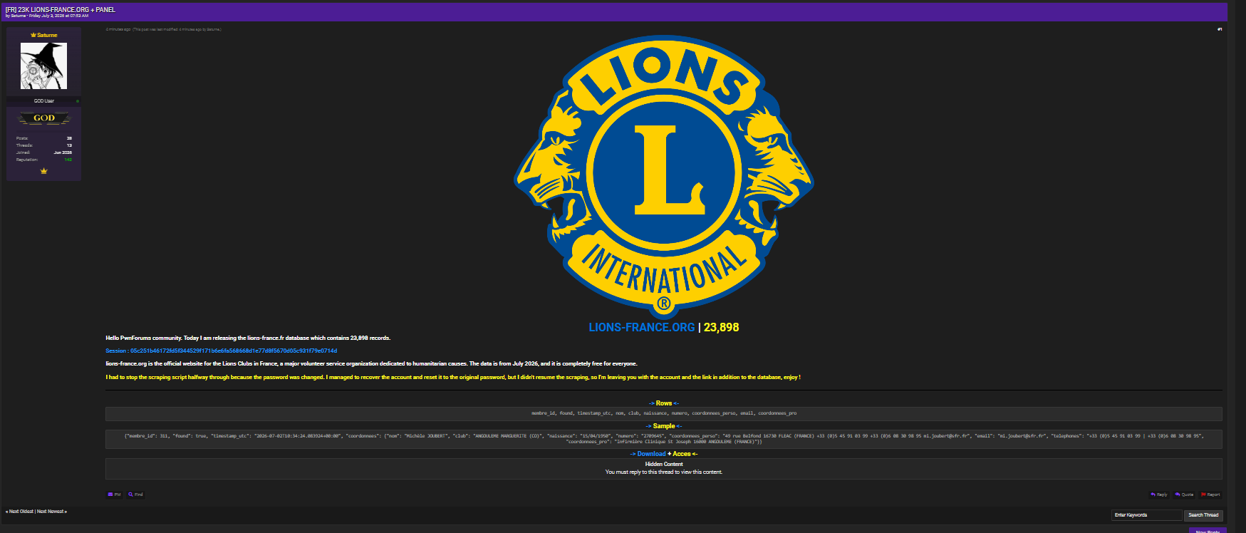 Alleged Data Breach of Lions Clubs France