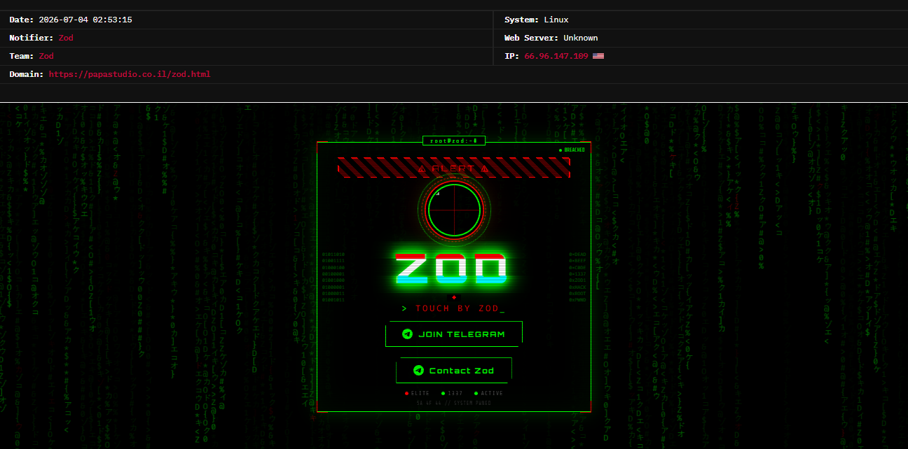 Zod targets the website of Papa Studio