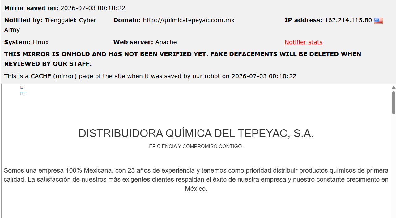 Trenggalek Cyber Army targets the website of Tepeyac Chemical Distributor