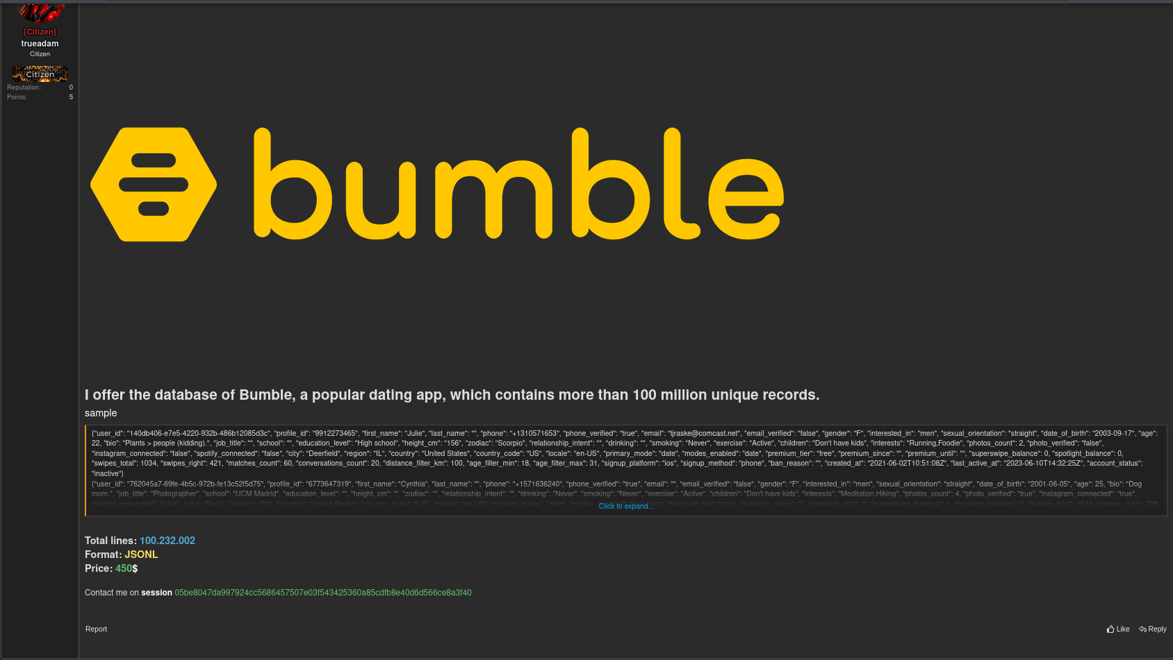 Alleged Data breach of Bumble