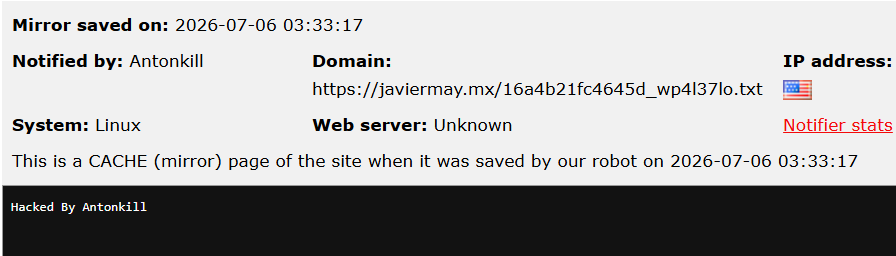 Antonkill targets the website of Javier May