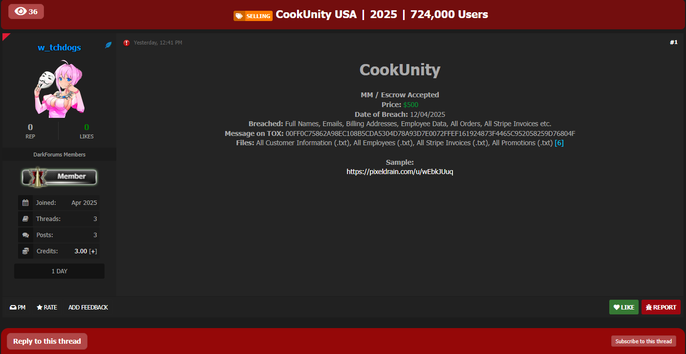 CookUnity USA涉嫌数据泄露