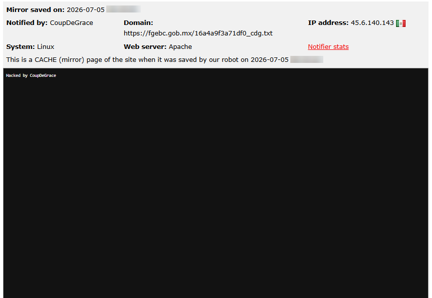 CoupDeGrace targets the website of Fiscalía General del Estado de Baja California