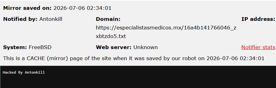Antonkill targets the website of EspecialistasMedicos.Mx