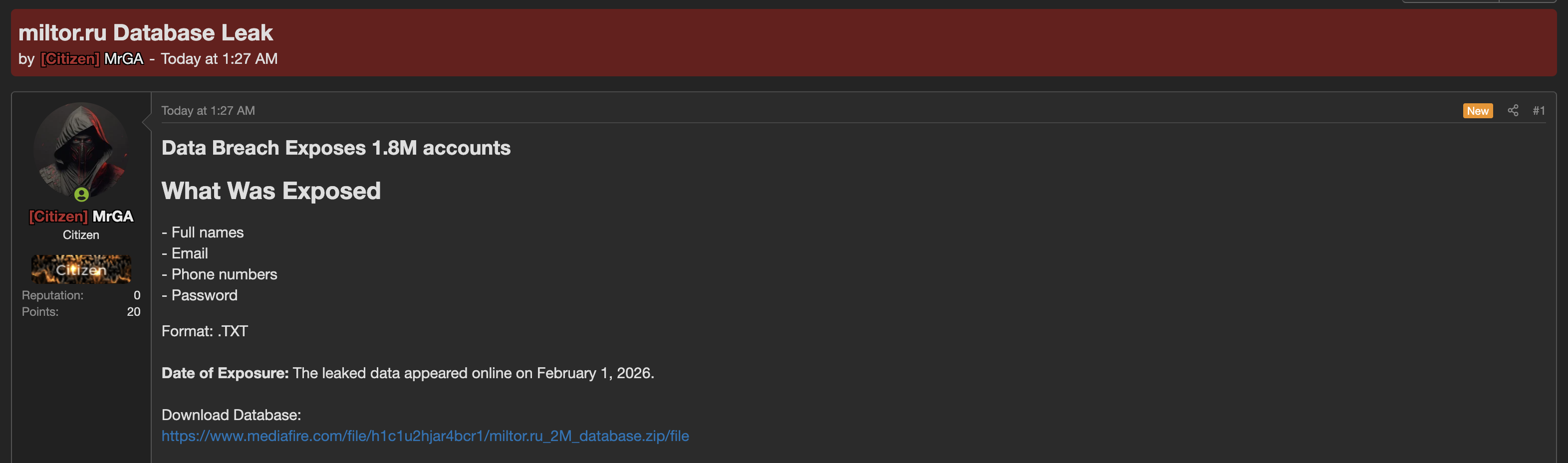 Alleged Data Breach of Miltor