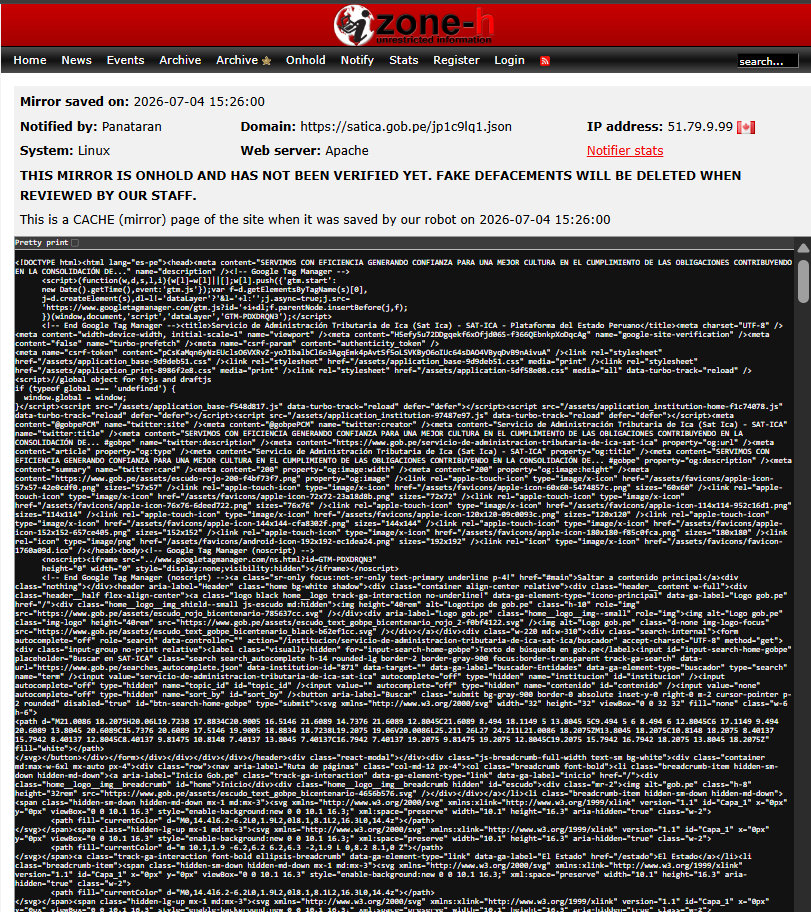 Panataran targets the website of SAT ICA (Servicio de Administración Tributaria de Ica)