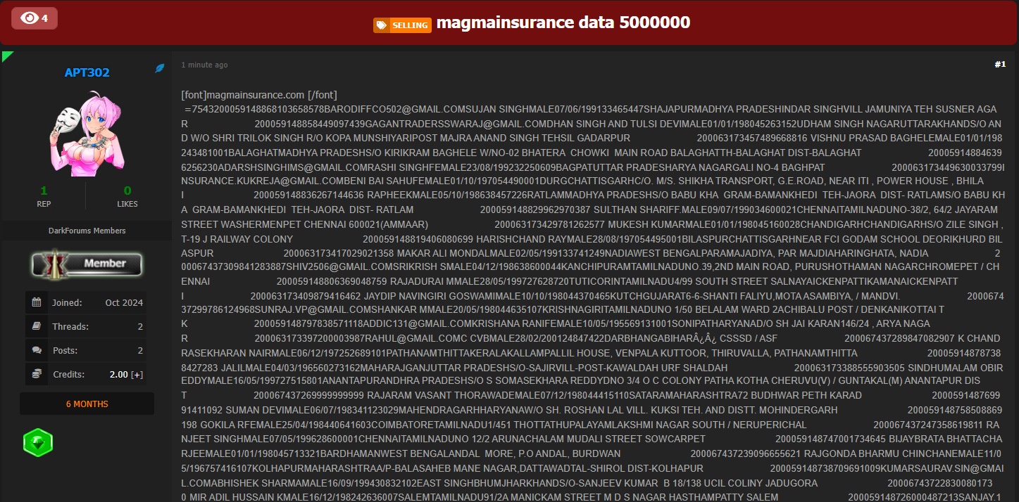 Magma General Insurance有限公司的指称数据外泄