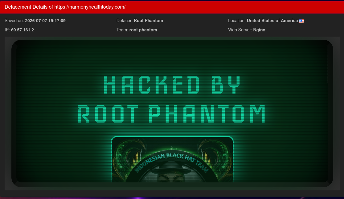 Root Phantom targets the website of Harmony Health Today