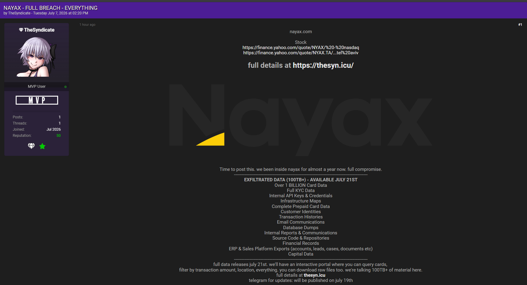 Alleged data breach of Nayax