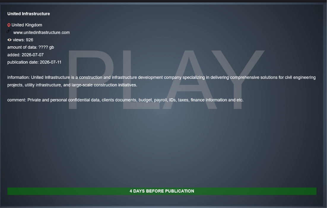 United Infrastructure Ltd falls victim to PLAY Ransomware