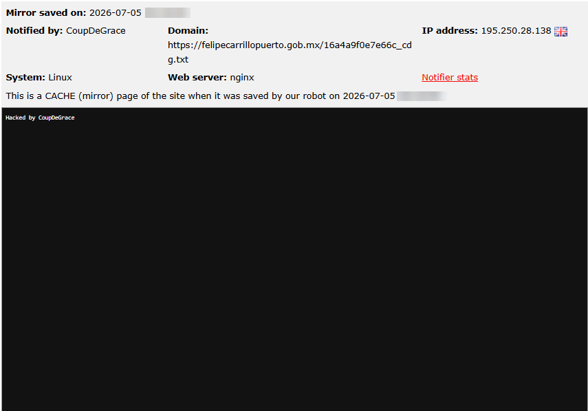 CoupDeGrace targets the website of Felipe Carrillo Puerto