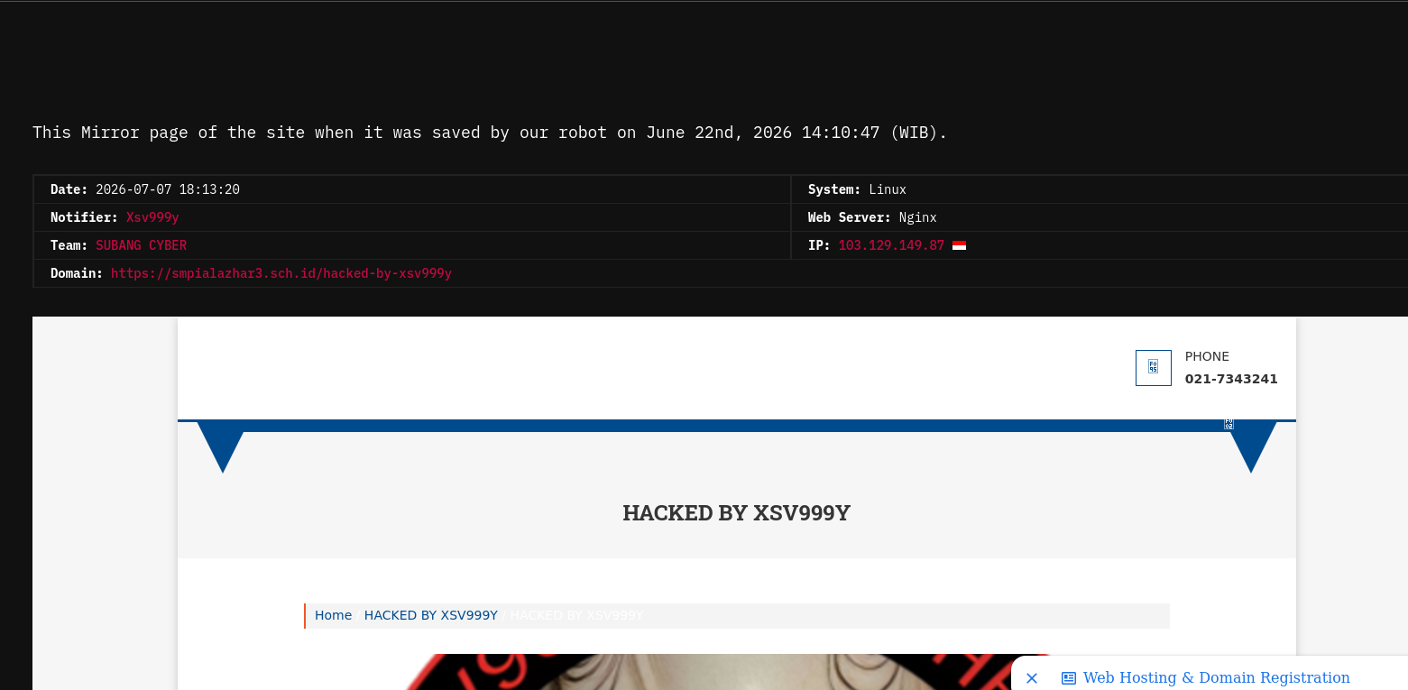 Xsv999y targets the website of SMP Islam Al Azhar 3 Bintaro