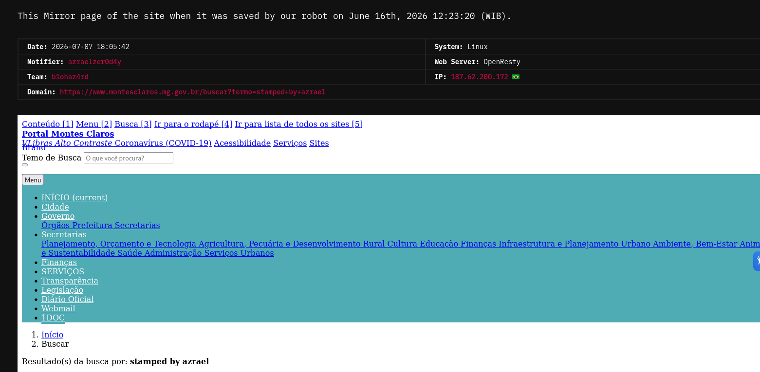 azraelzer0d4y targets the website of Prefeitura Municipal de Montes Claros